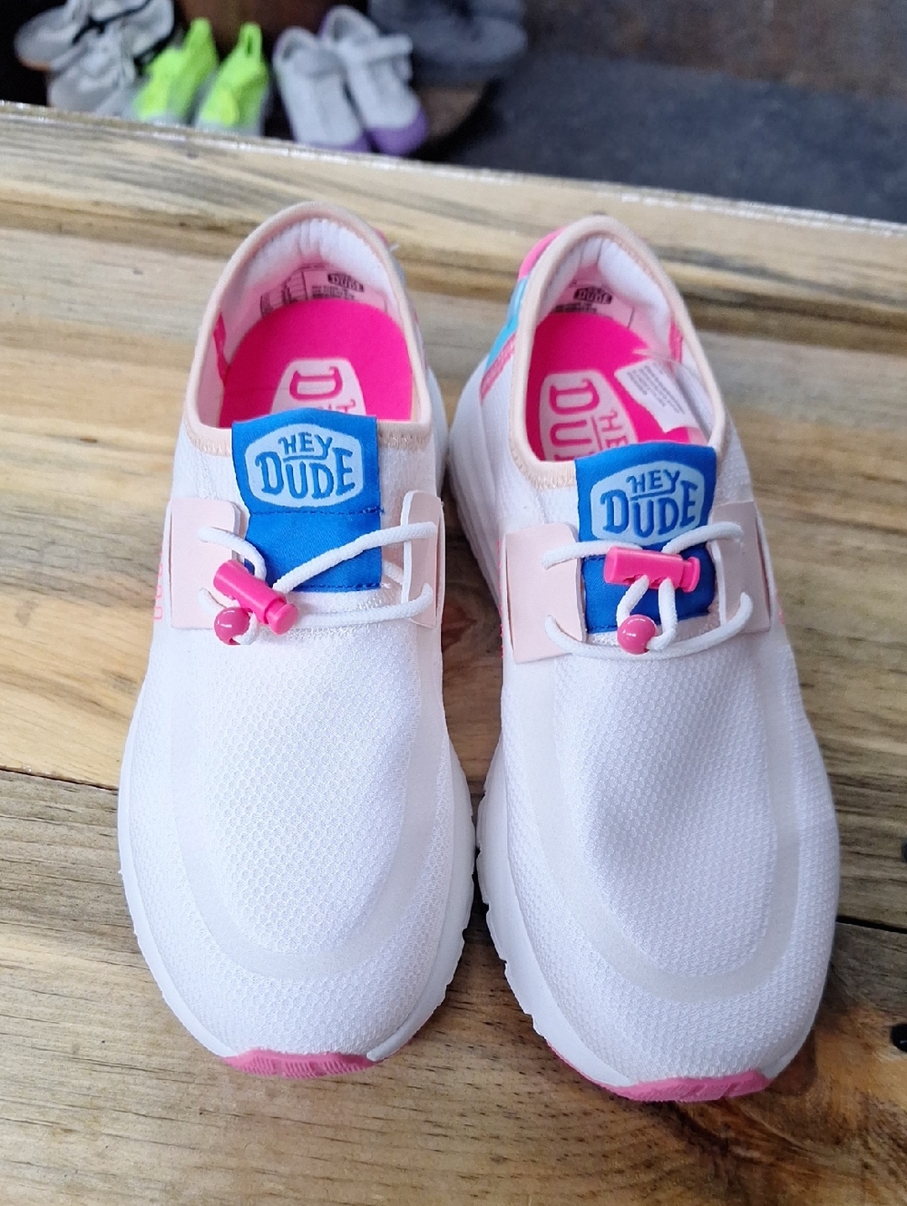 Hey Dude White Slip-On Sneakers with Pink & Blue Accents